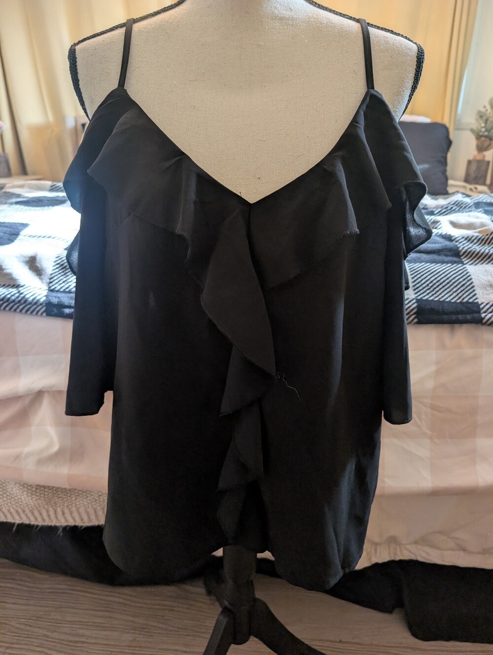 Women's Black Ruffle Cold-Shoulder Top
